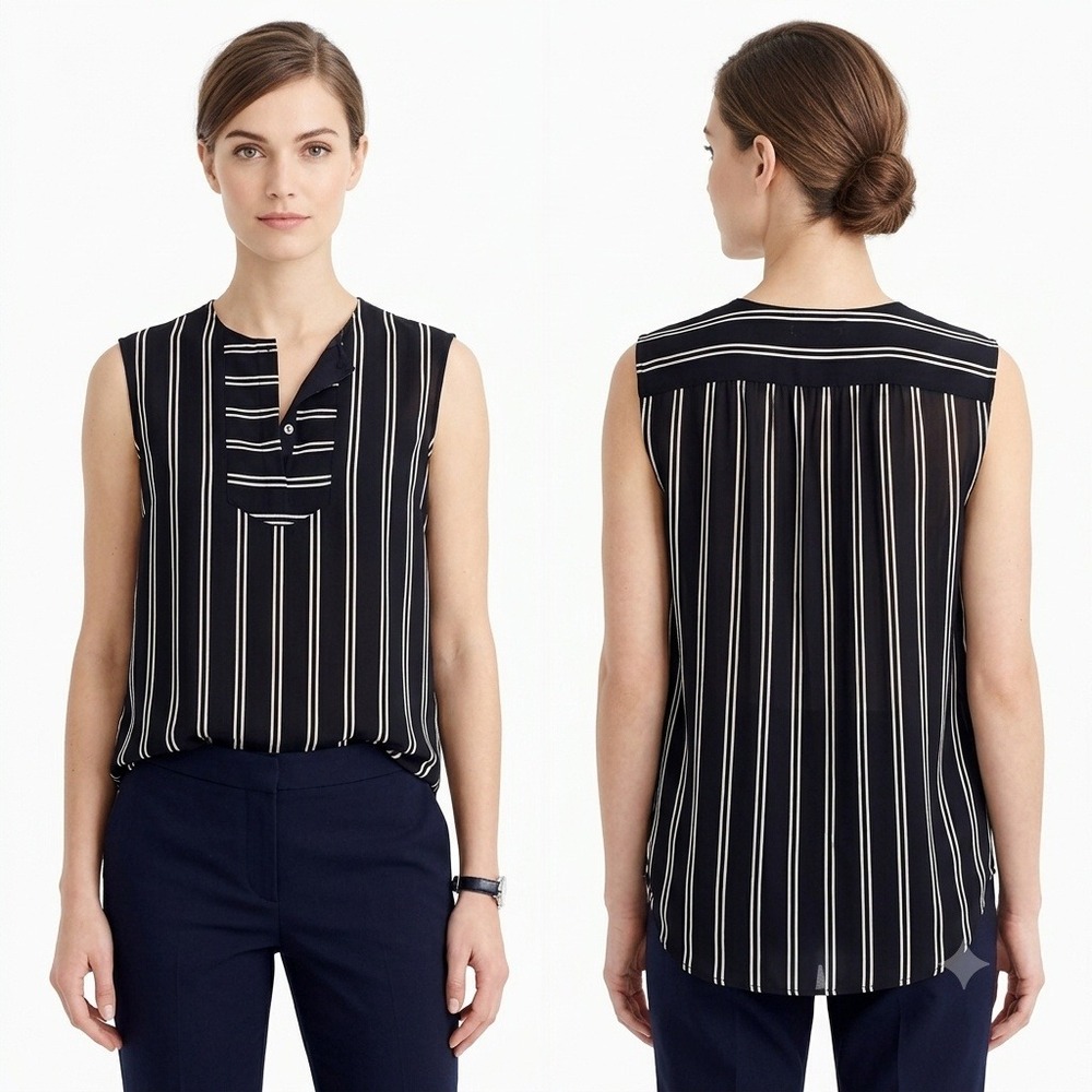 J.Crew Blouse Womens 12 Navy Nlie White Striped Sleeveless Bib V-Neck Top‎